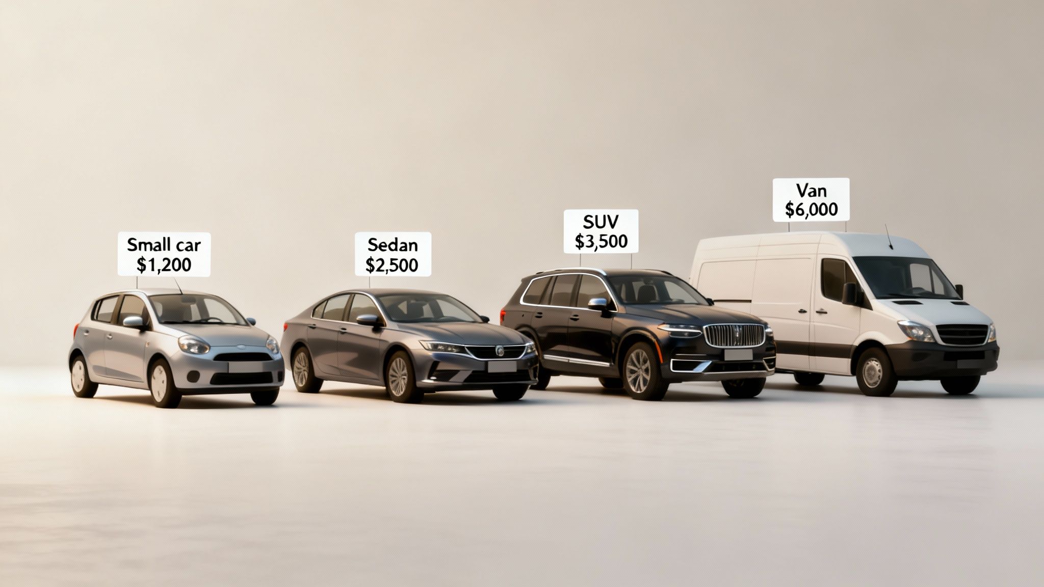 Four vehicles: a small car ($1,200), a sedan ($2,500), an SUV ($3,500), and a van ($6,000) displayed with their prices.