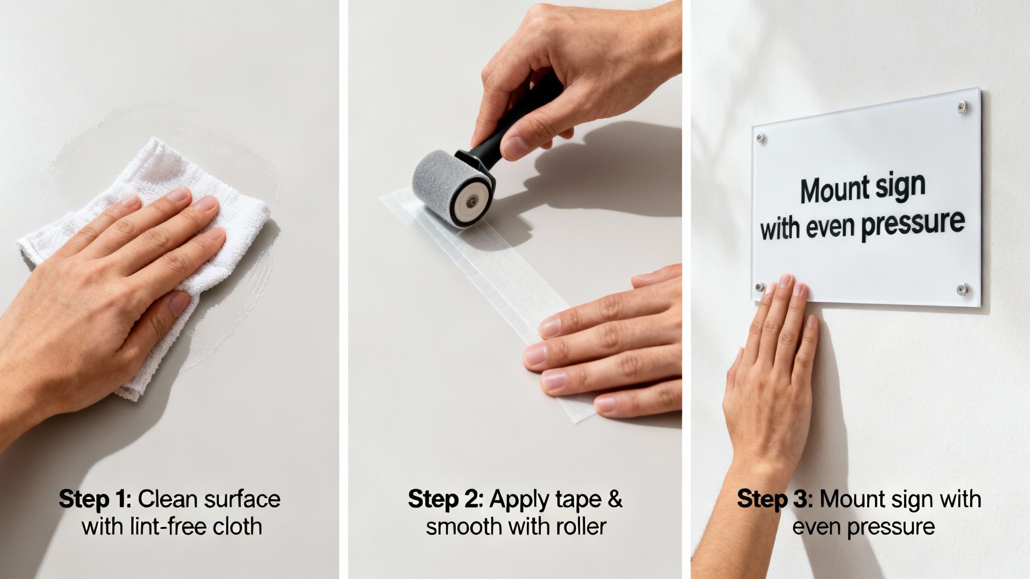 Three-step guide showing how to clean a surface, apply tape with a roller, and mount a sign.