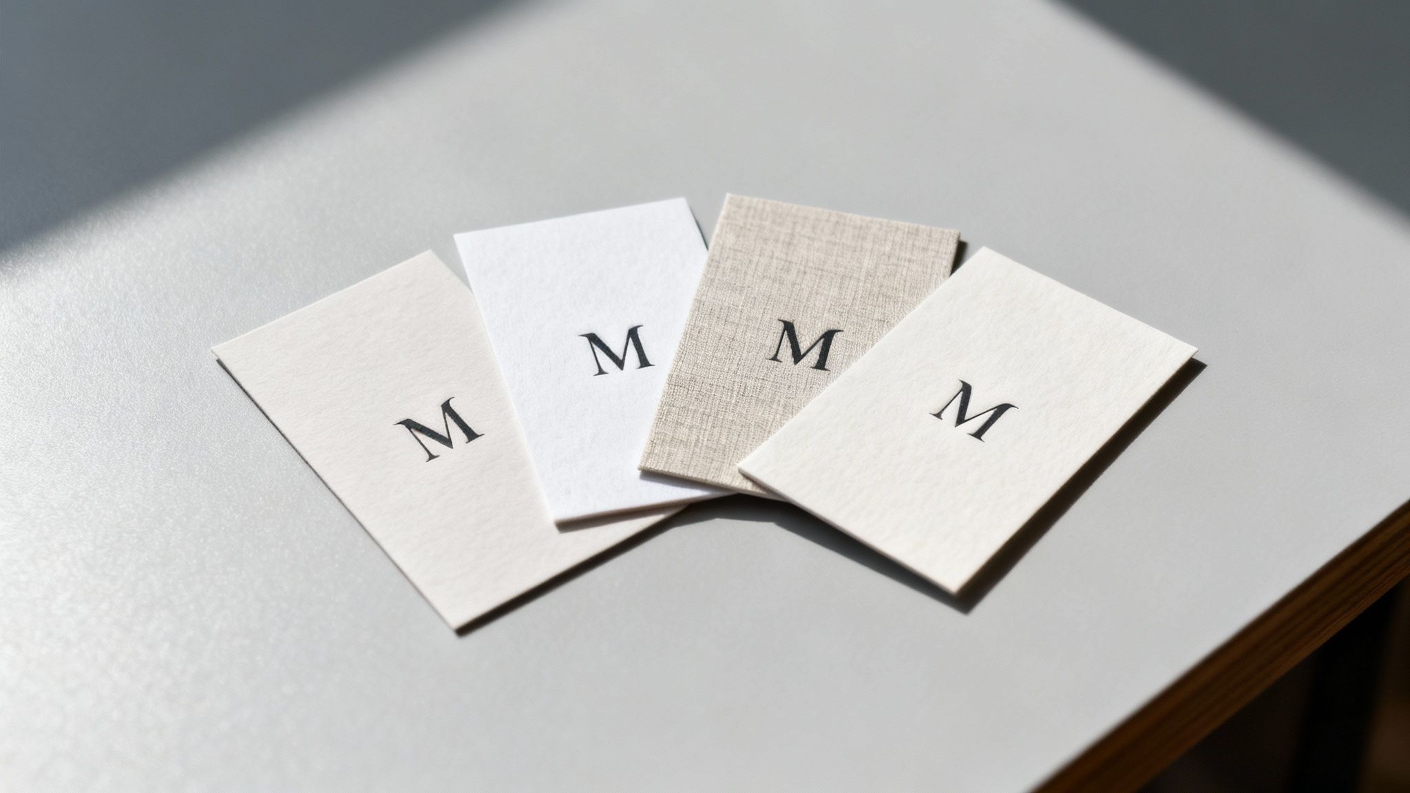 Four elegant business cards with 'M' logo, different textures, on a light grey table with shadows.
