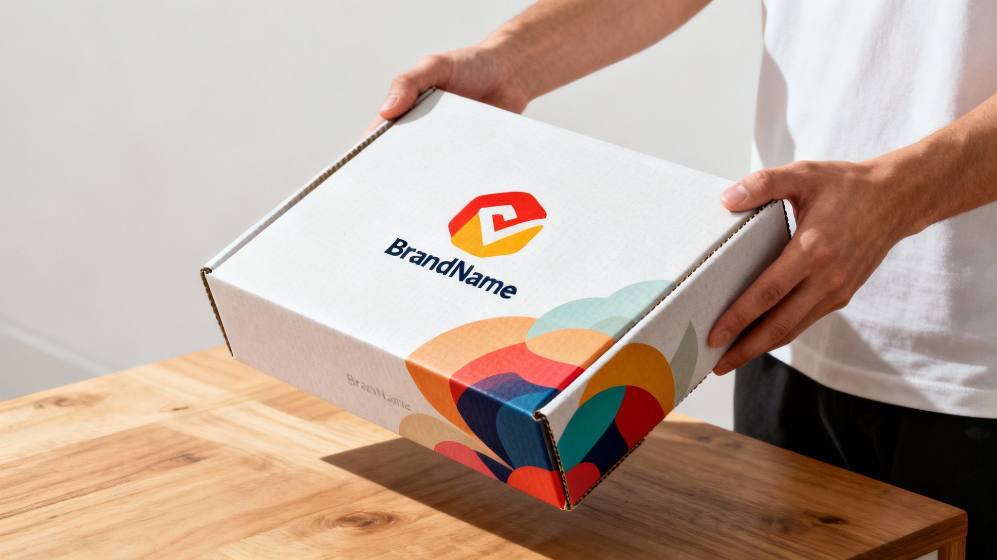 Hands holding a branded white cardboard box with a colorful design over a wooden table.