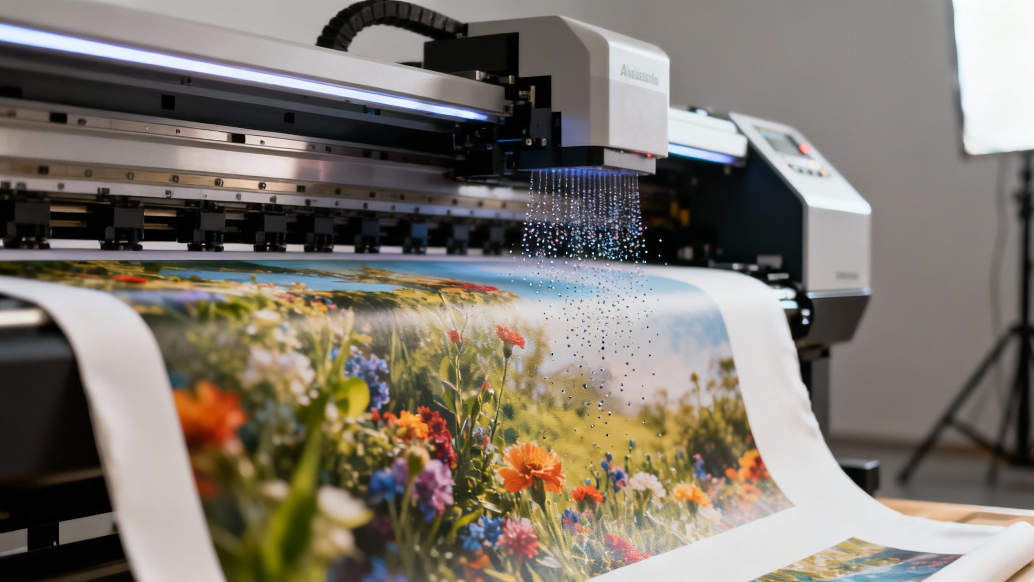 A wide-format inkjet printer carefully applying ink to a large roll of canvas