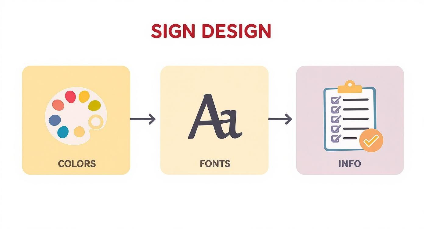 Infographic showing the process of designing vehicle magnetic signs with icons for Colors, Fonts, and Info.