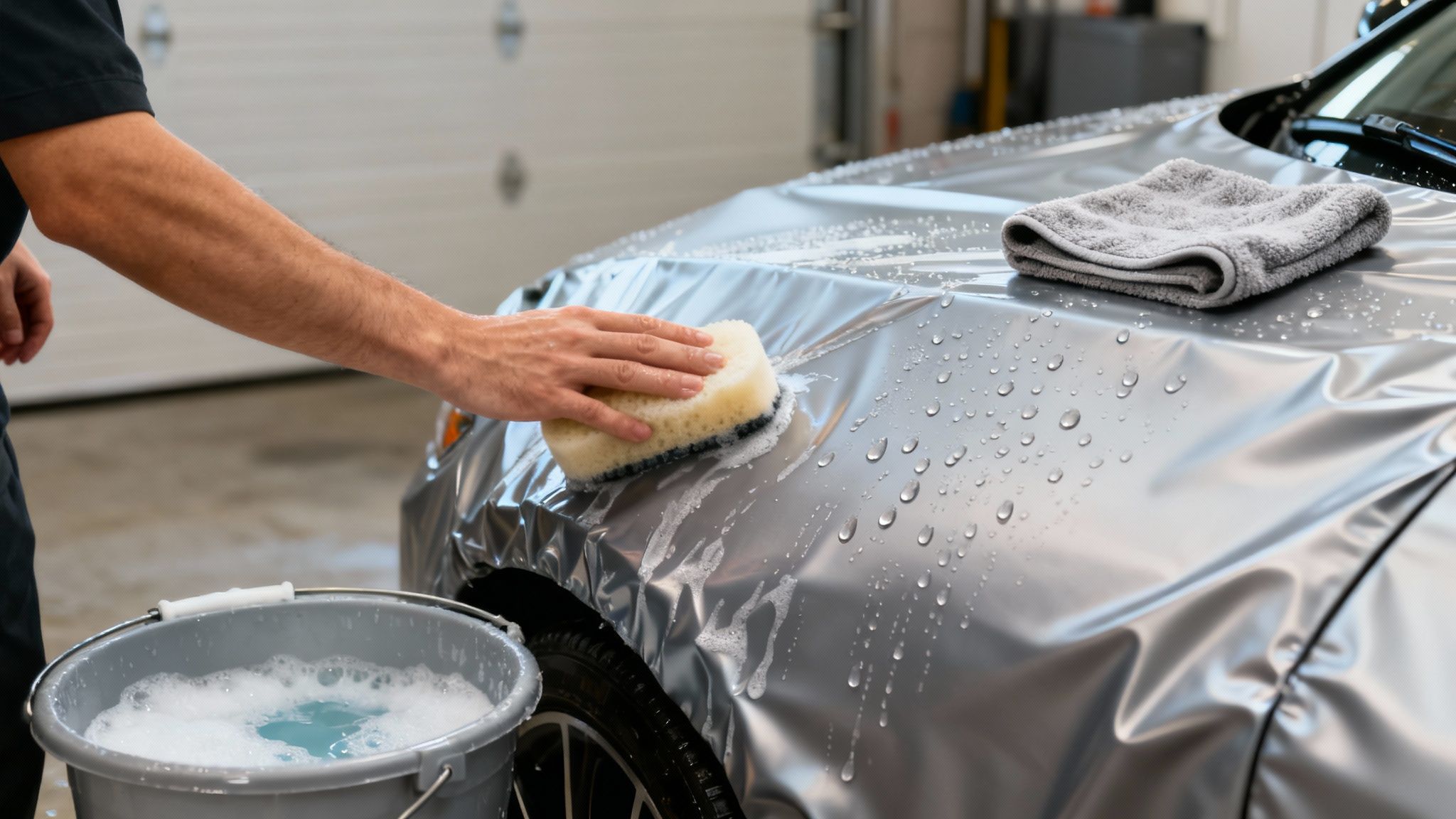 Person washing a silver car wrap with a sponge and soapy water, a grey towel on the hood.