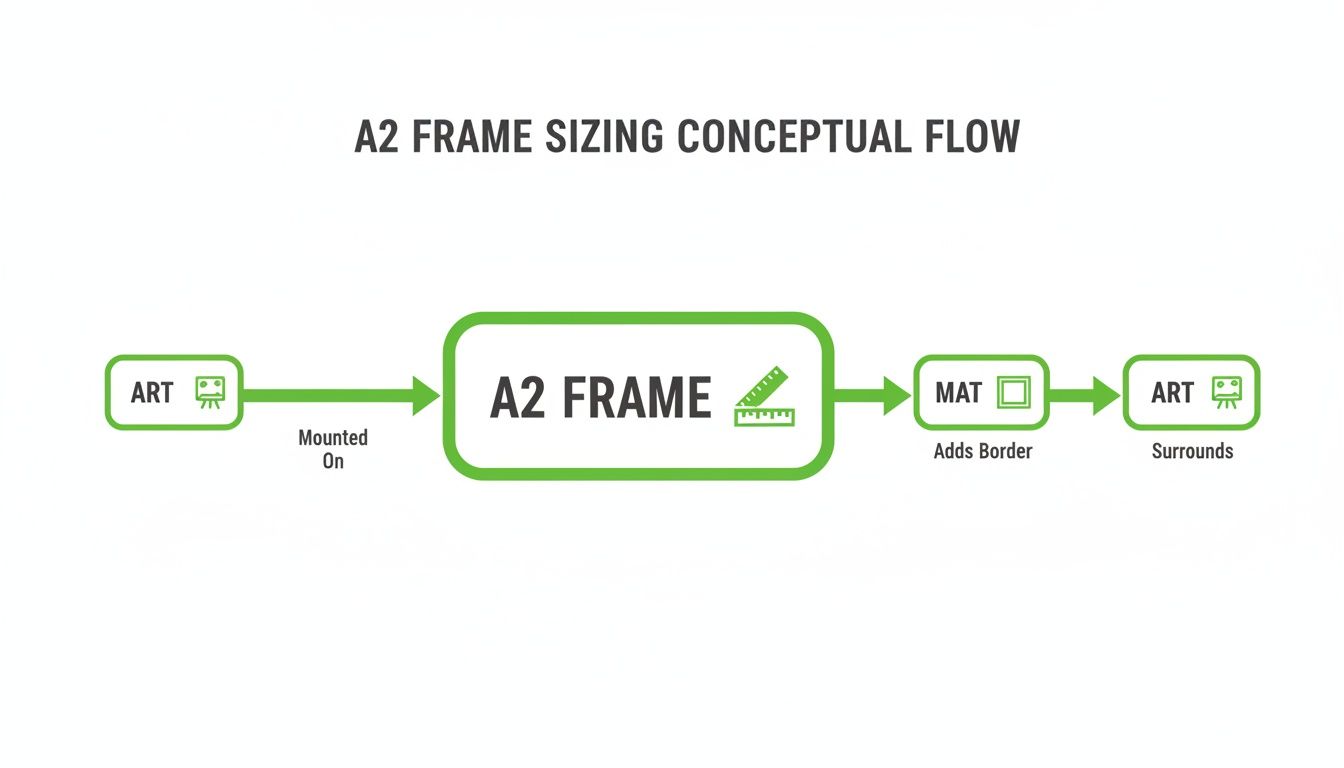 A diagram illustrating the A2 frame sizing conceptual flow, showing art mounted on an A2 frame, then a mat adding a border, and finally art surrounds.