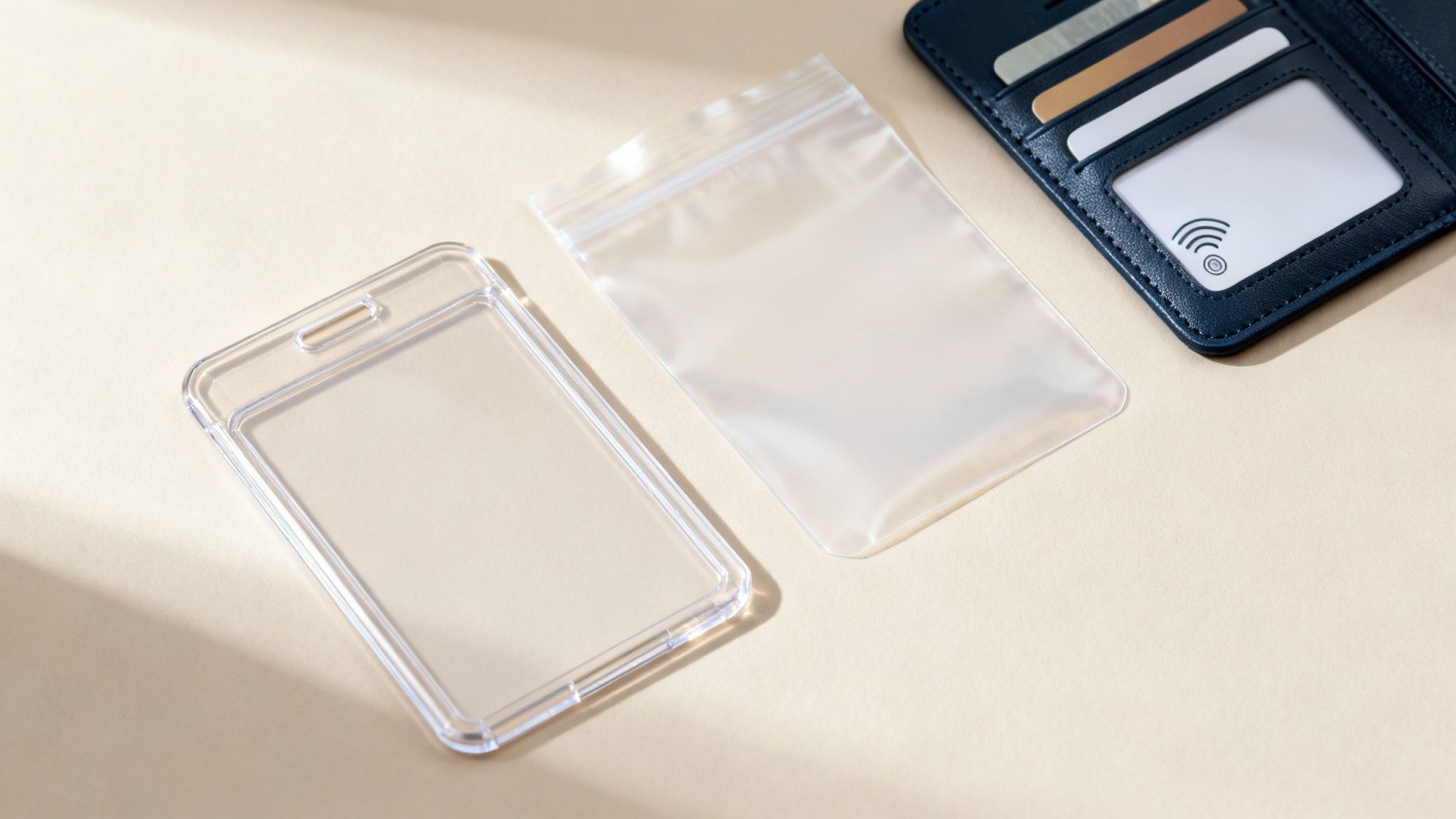 A clear plastic card holder, a clear plastic bag, and a blue leather card holder with cards on a light surface.