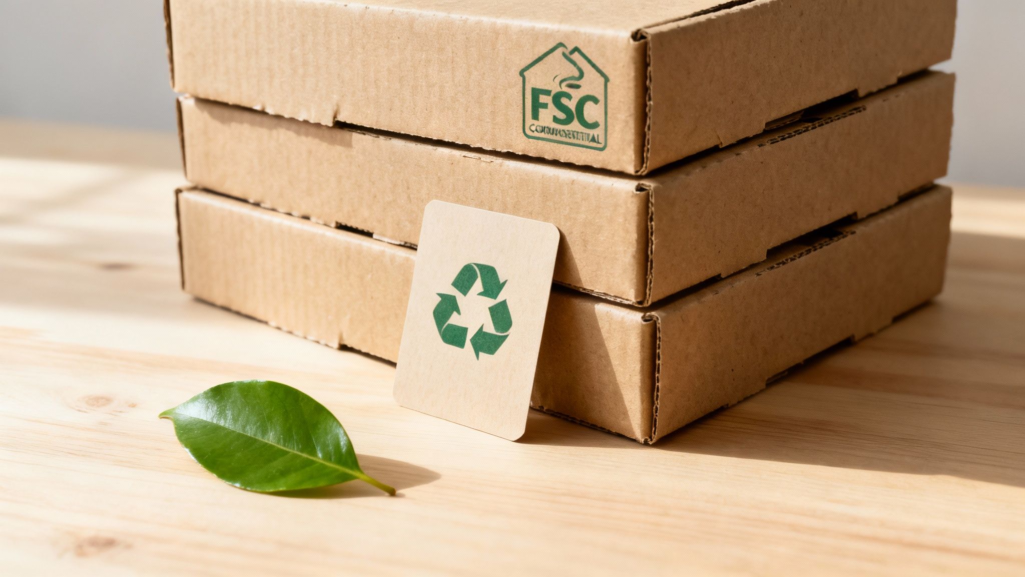 Stack of brown cardboard boxes with FSC logo, a recycling symbol card, and a green leaf.