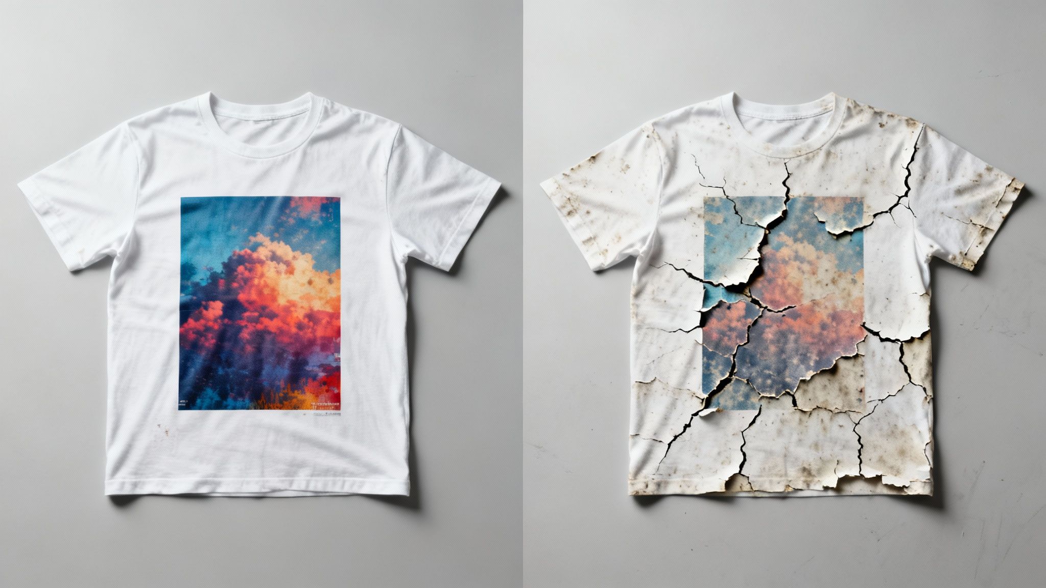 Two white t-shirts, one with a vibrant cloud print, the other with a cracked, peeling print.