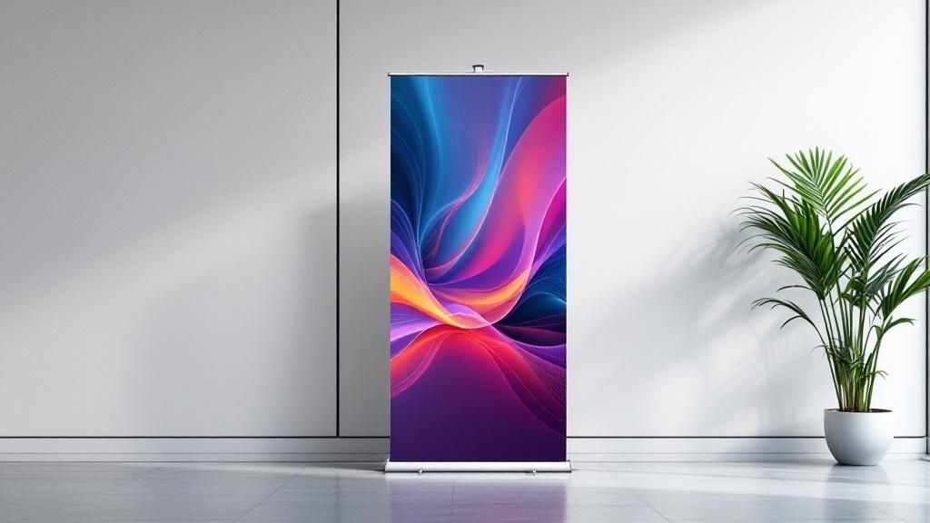 A person setting up a pull-up banner at an event