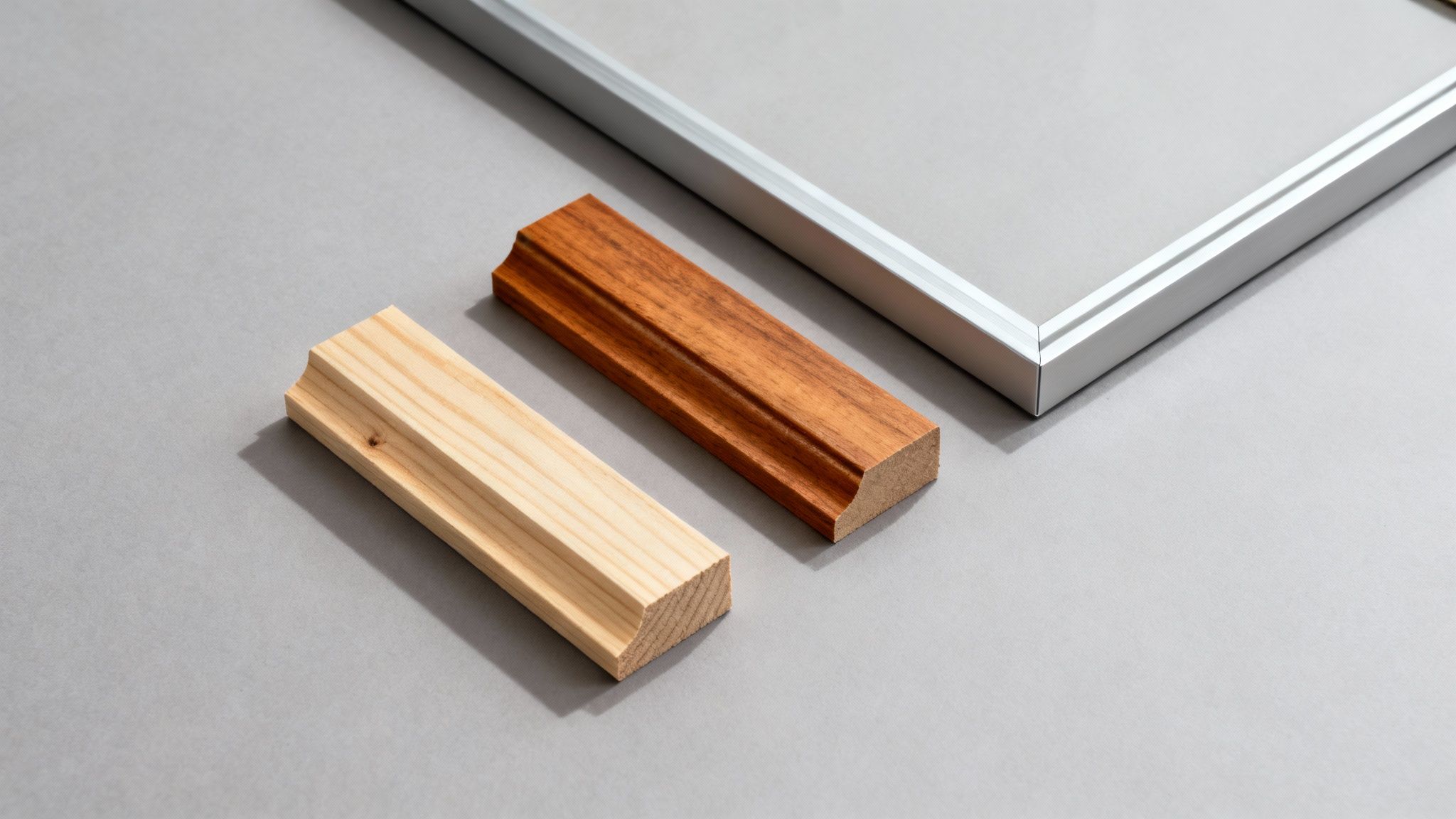 A collection of different canvas frames with various materials and styles, leaning against a wall.