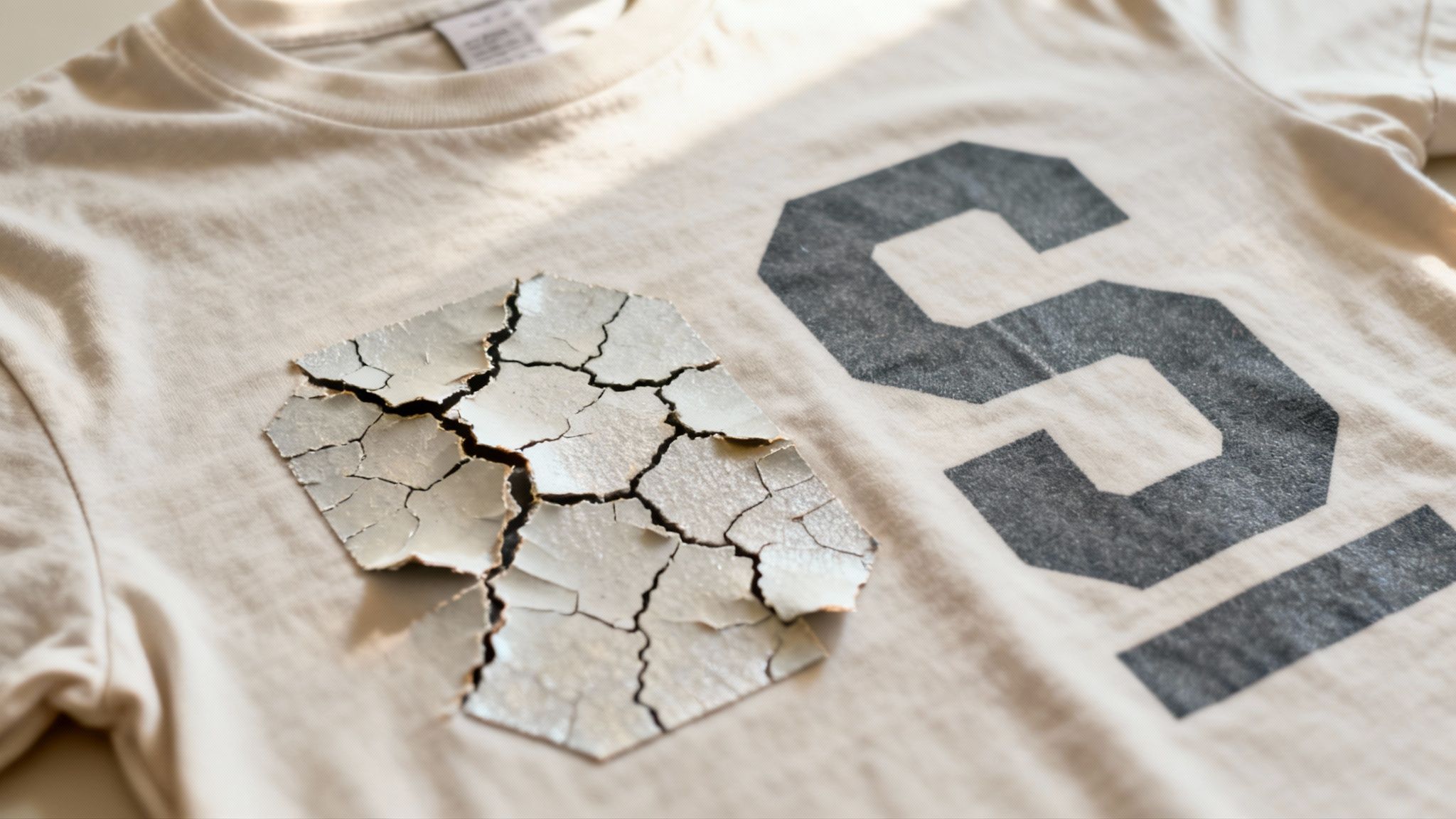 A cracked iron-on design on a t-shirt representing a common mistake.
