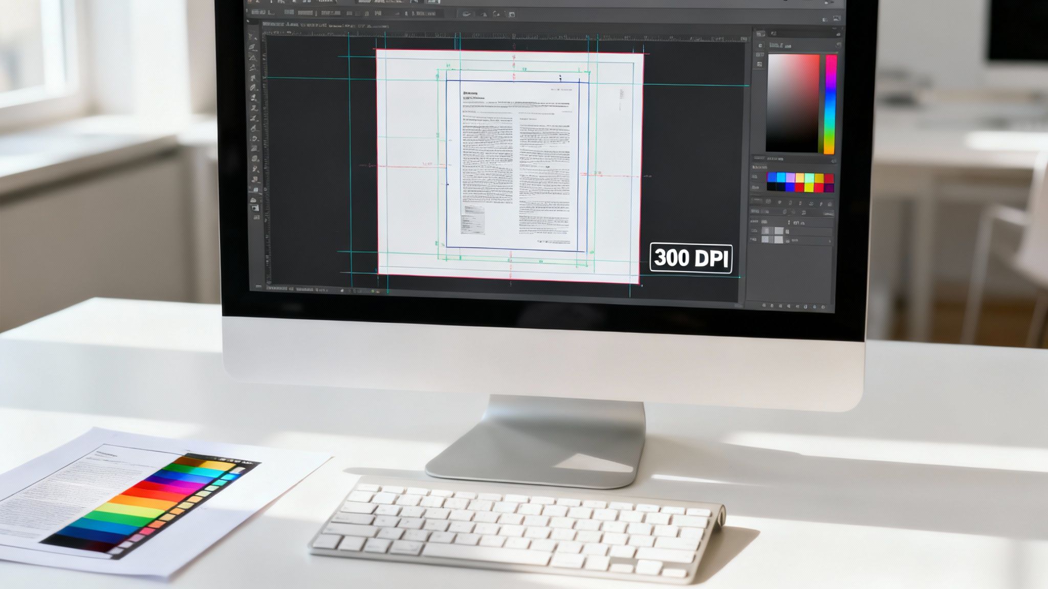 A computer screen displays a document design with print guides and '300 DPI', next to a keyboard and color palette.