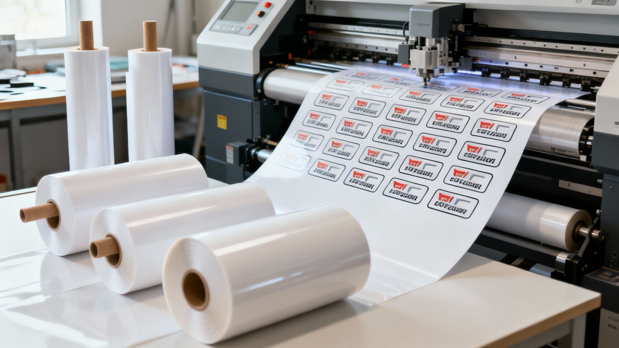 A close-up of a large format printer producing colourful vinyl stickers on a roll
