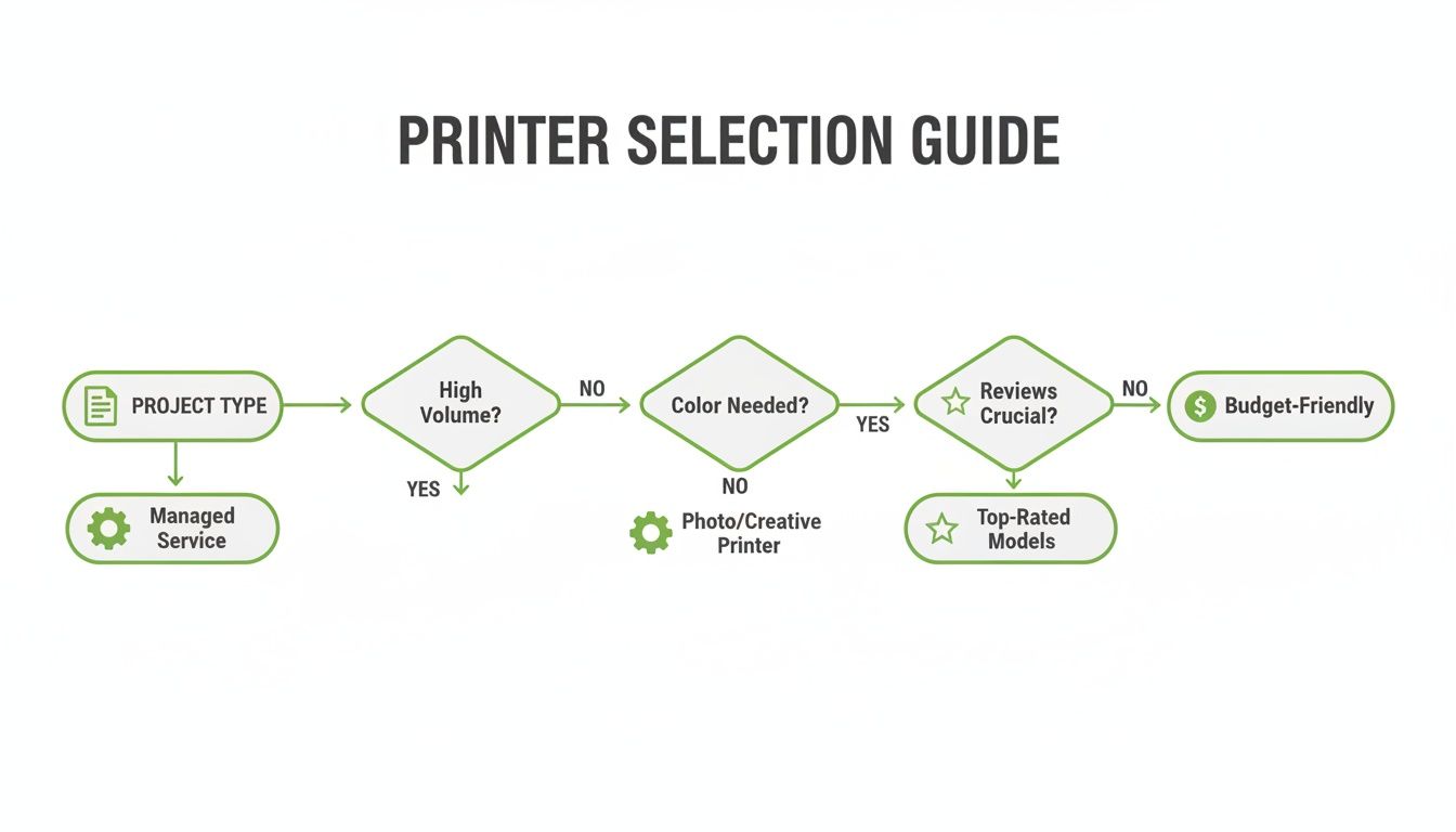 A printer selection guide flowchart for choosing the right printer based on project type, volume, color, and reviews.