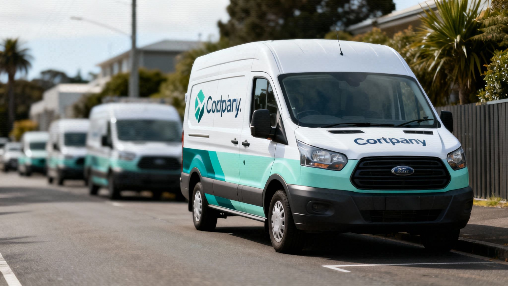 A line of branded Cortpany delivery vans parked on a suburban street, ready for service.