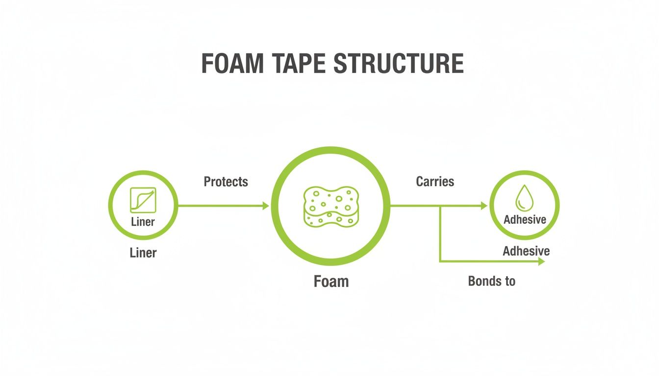 A detailed diagram illustrating the protective liner, foam core, and adhesive layers of foam tape.