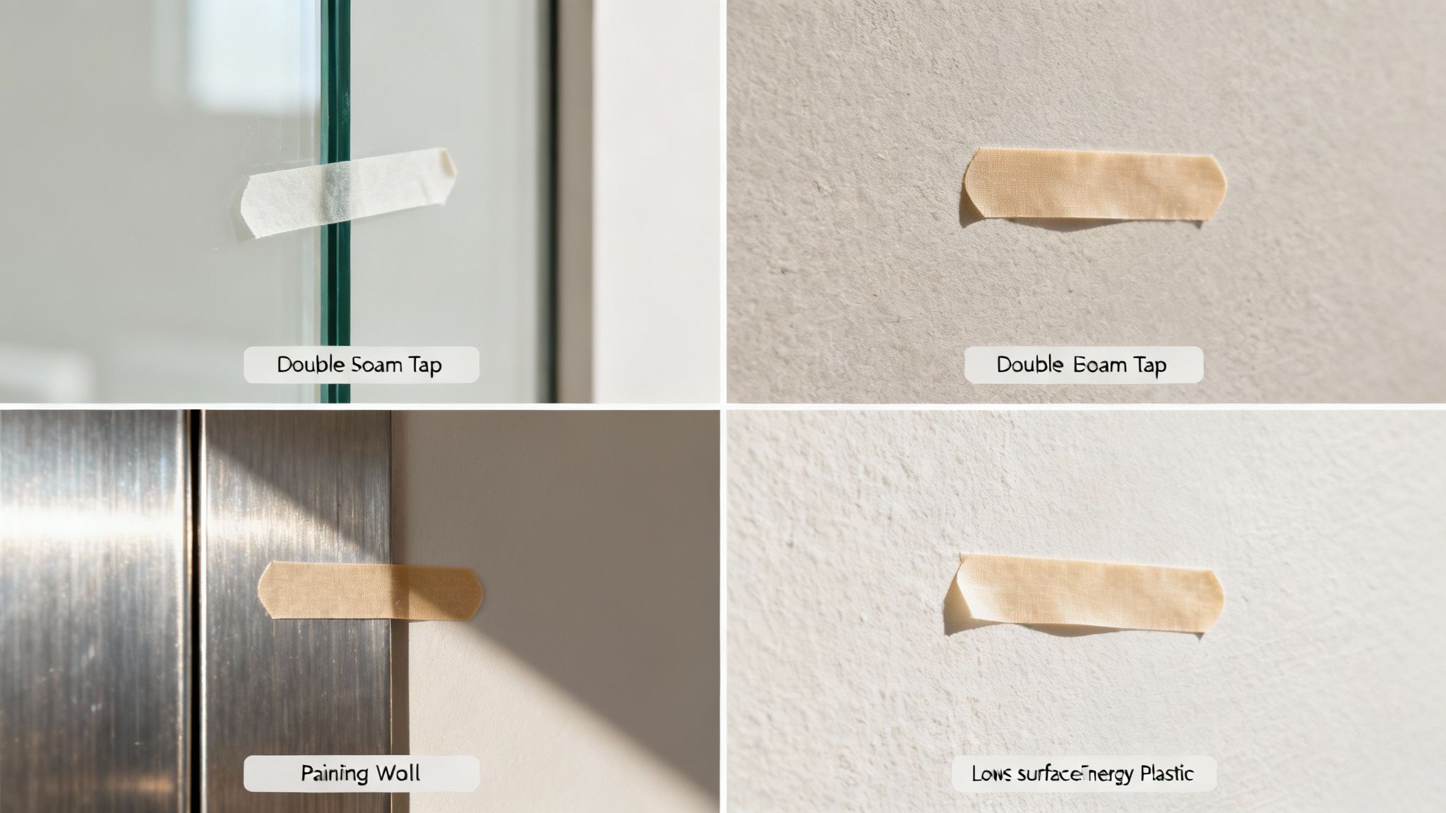 Close-up of double-sided foam tape adhered to glass, textured wall, metal, and low-energy plastic.