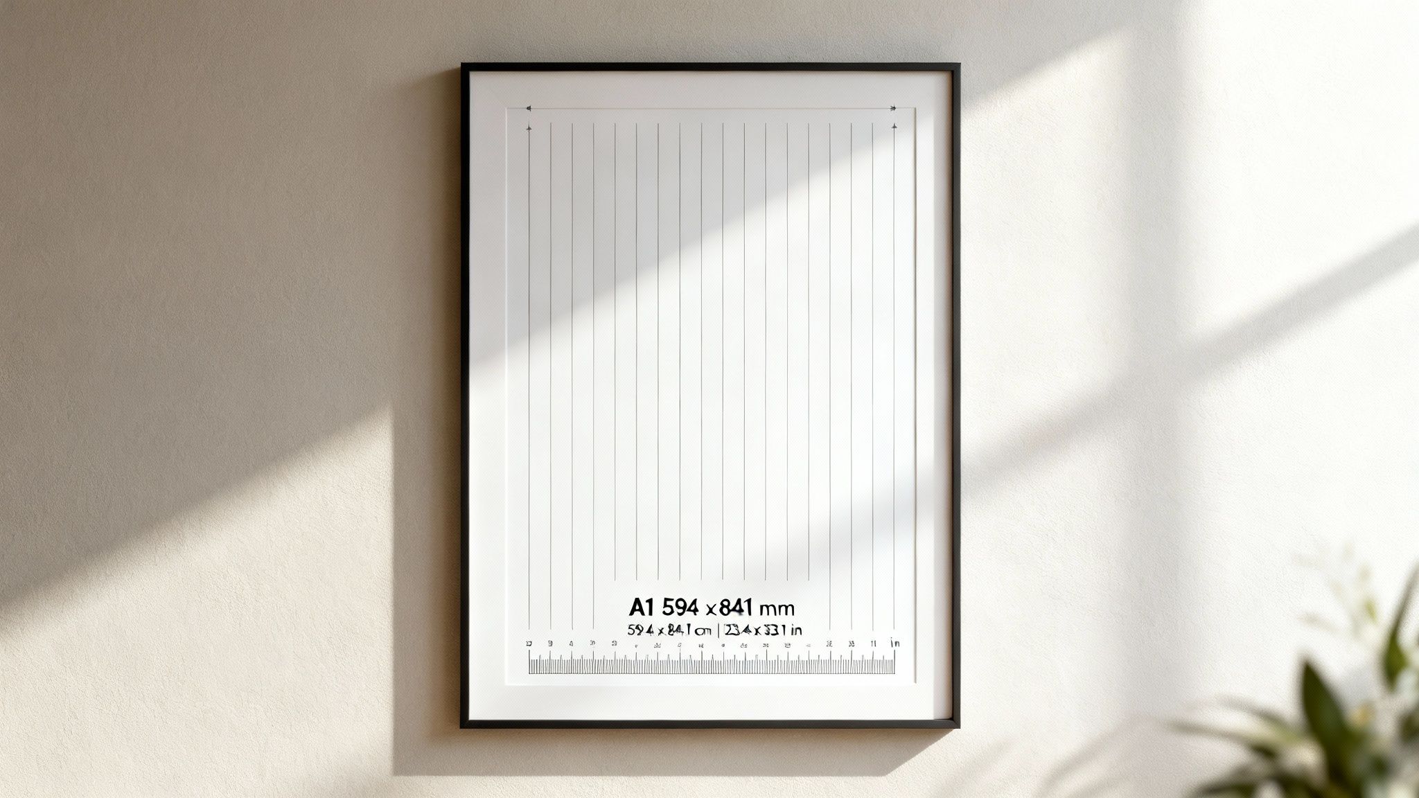 A black-framed A1 poster displaying its measurements on a textured beige wall with sun shadows.