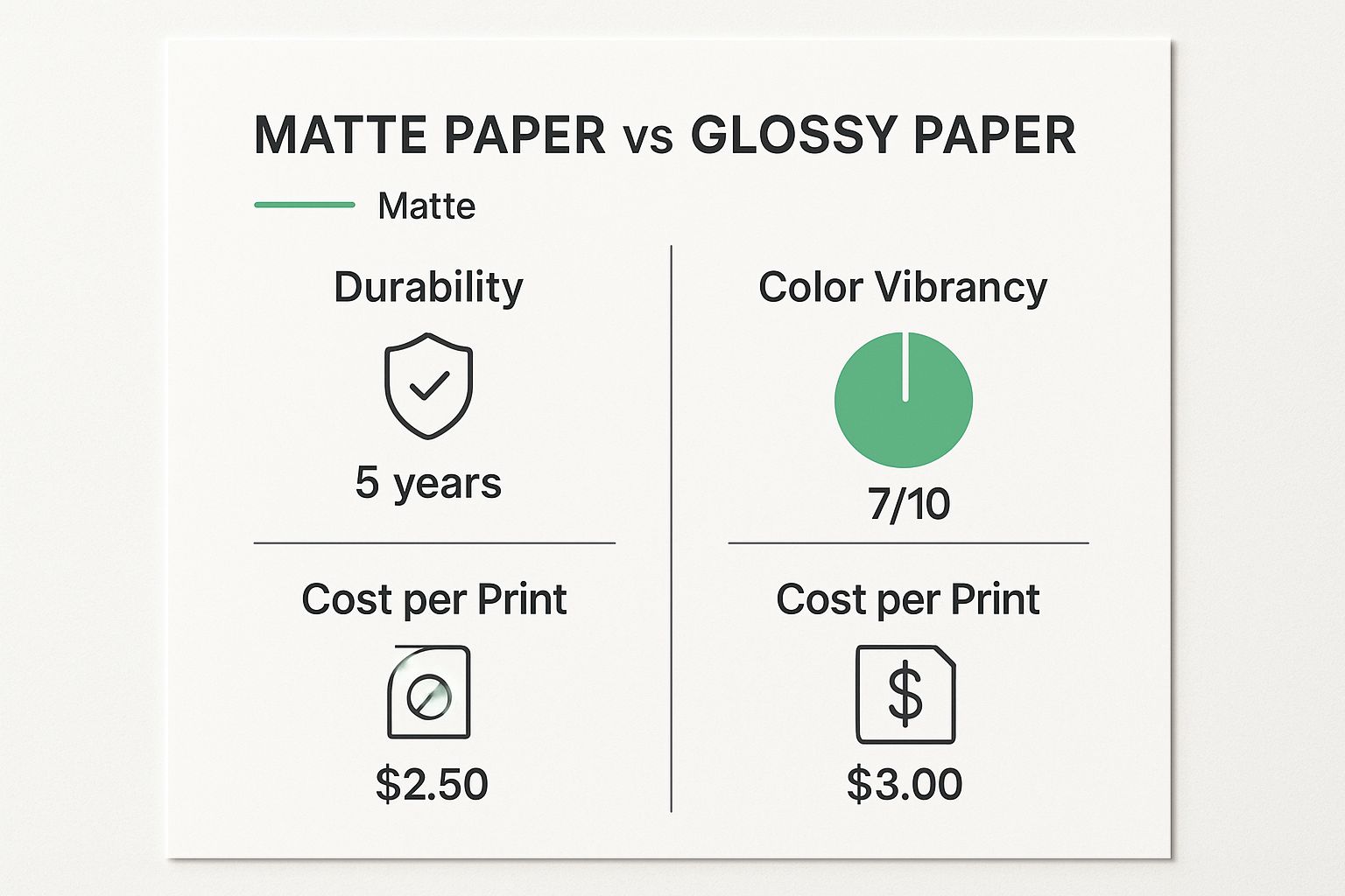 Infographic comparing the durability, colour vibrancy, and cost of matte versus glossy poster paper.