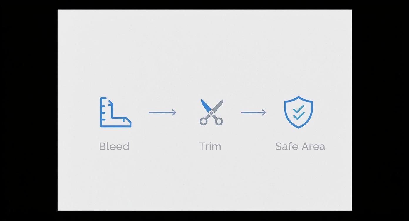 Diagram illustrating the print design process: bleed, trim, and safe area with corresponding icons.