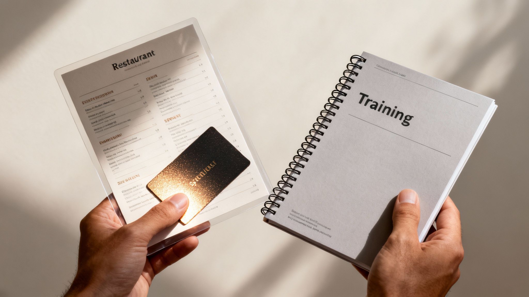 Hands hold a transparent restaurant menu with a gold card and a spiral-bound training notebook.