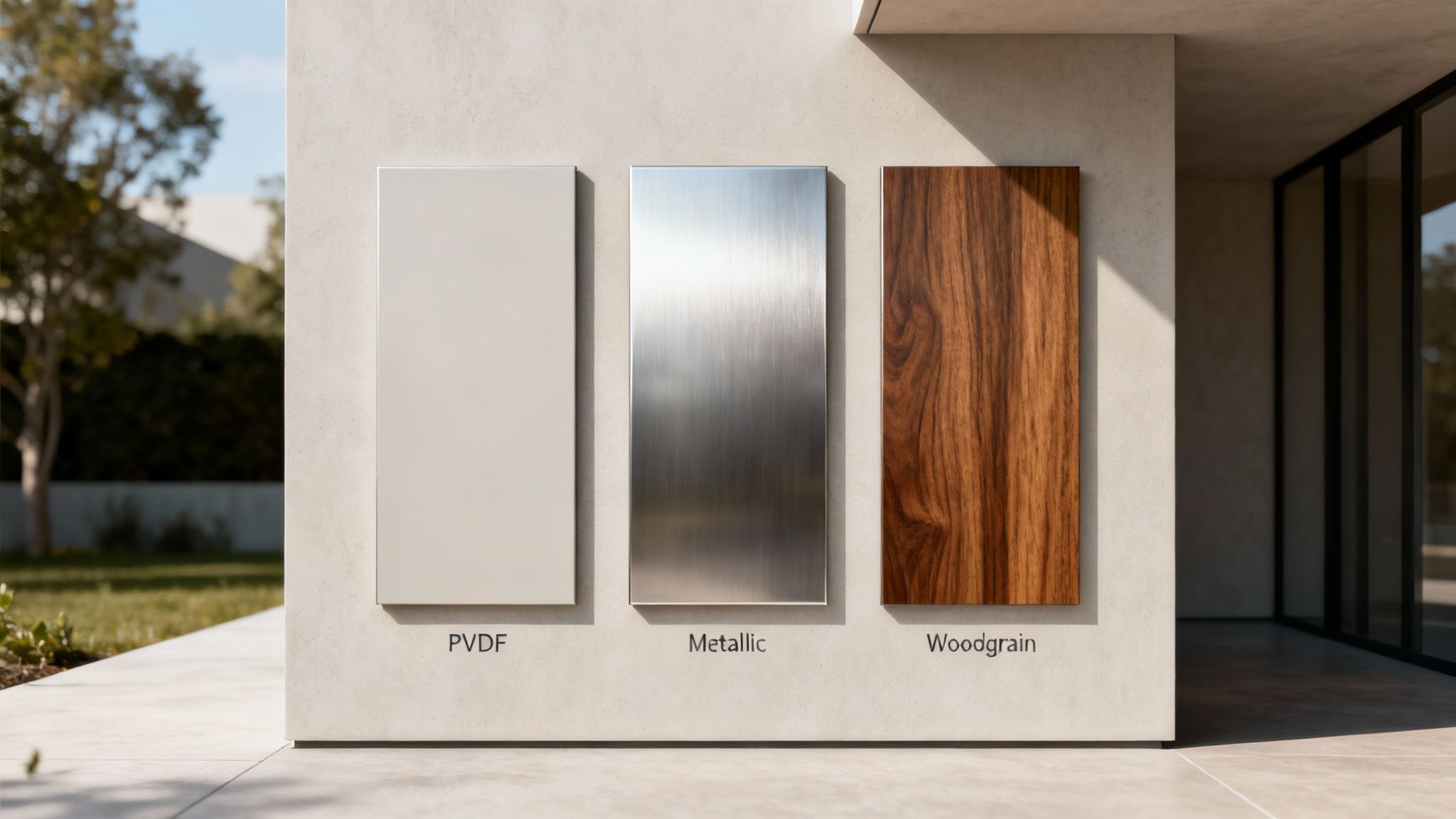 Three outdoor architectural cladding panels showcasing PVDF, metallic, and woodgrain finishes on a wall.