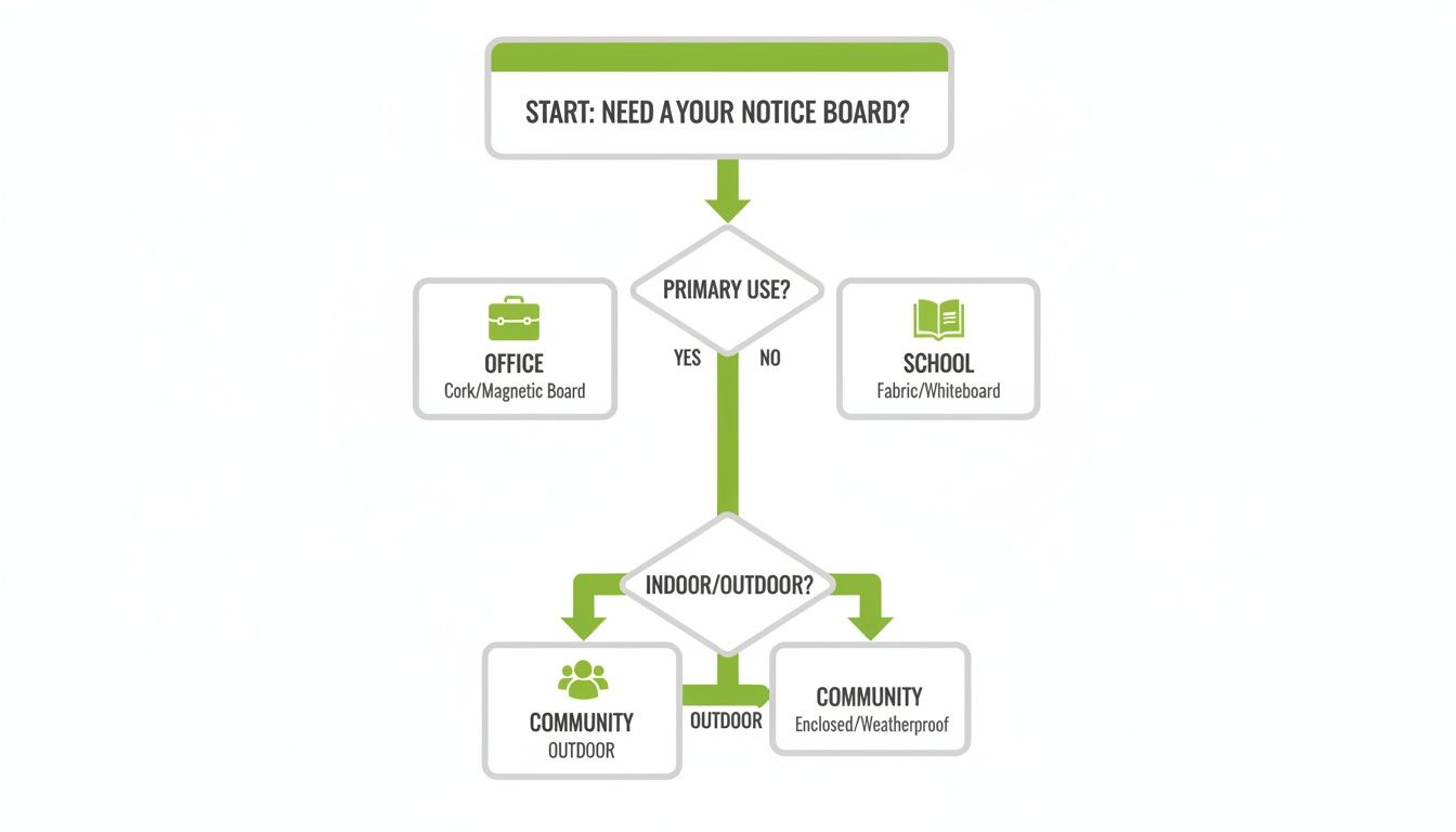 A flowchart illustrating the selection process for notice boards based on primary use and location.