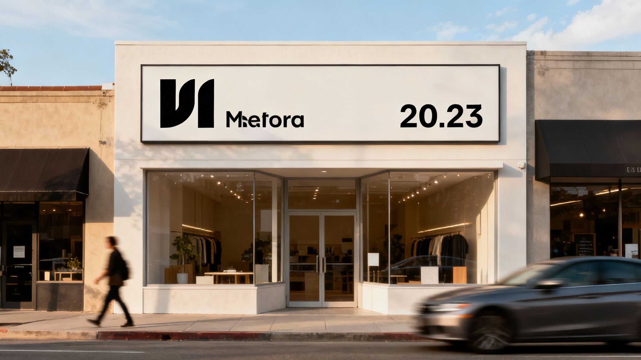 A well-designed outdoor business sign with clear lettering on a modern building facade.