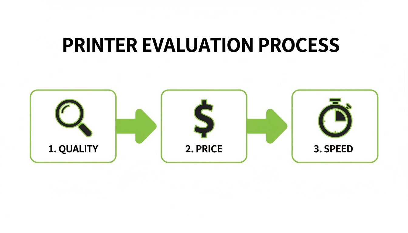 A diagram illustrating the printer evaluation process: Quality, Price, and Speed, with icons for each.