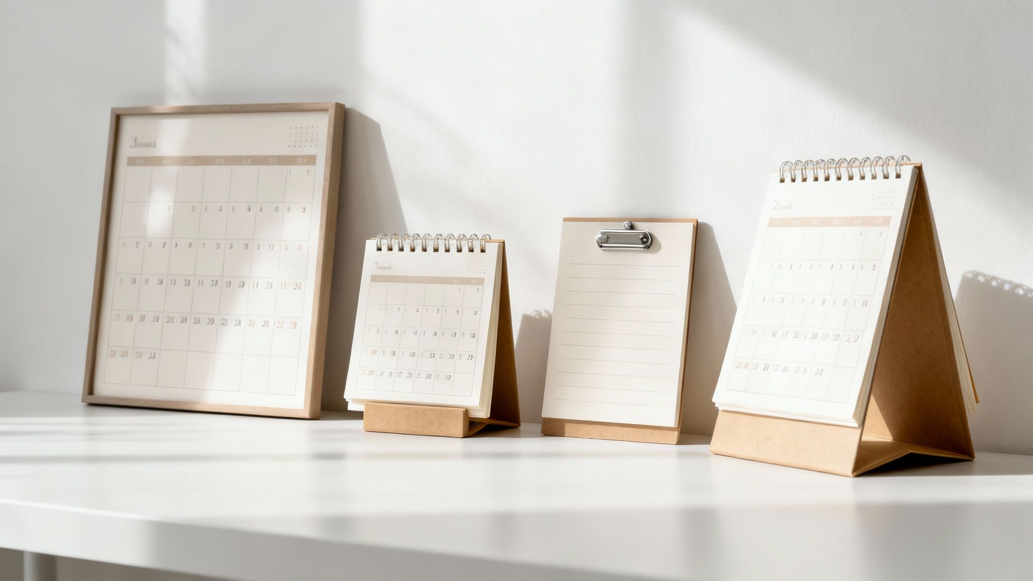 A variety of personalised calendars in different formats, including wall, desk, and magnetic styles, displayed on a clean background.