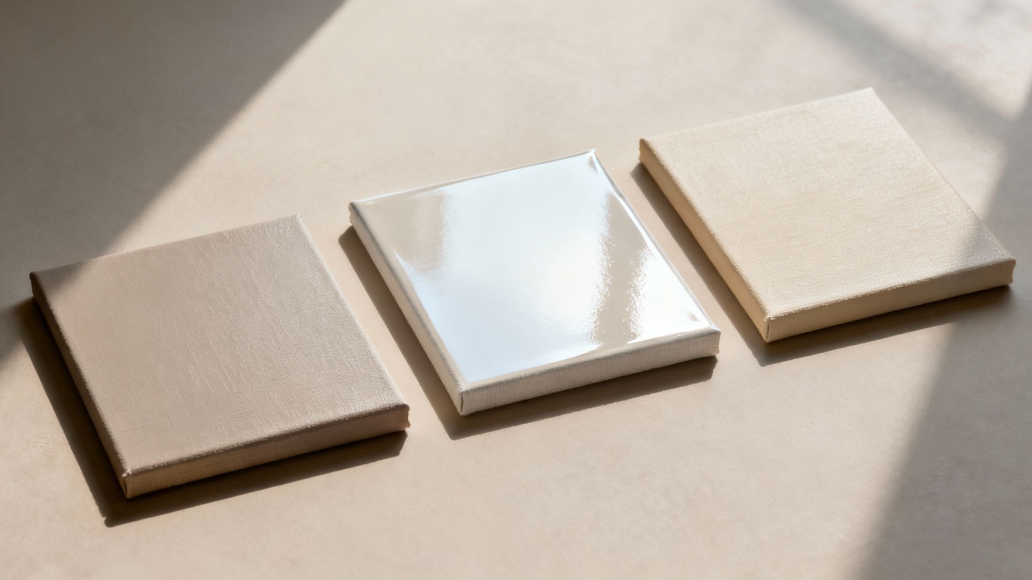 A close-up shot showing the different textures of matte, satin, and gloss canvas finishes side-by-side.
