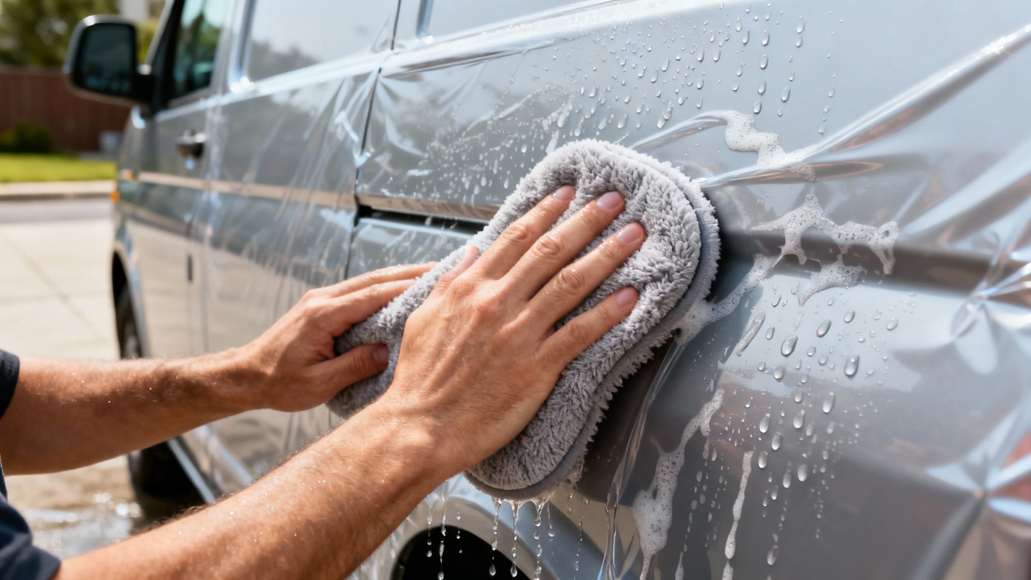 Person's hands washing a grey van's car wrap with a wash mitt, showing water and soap.