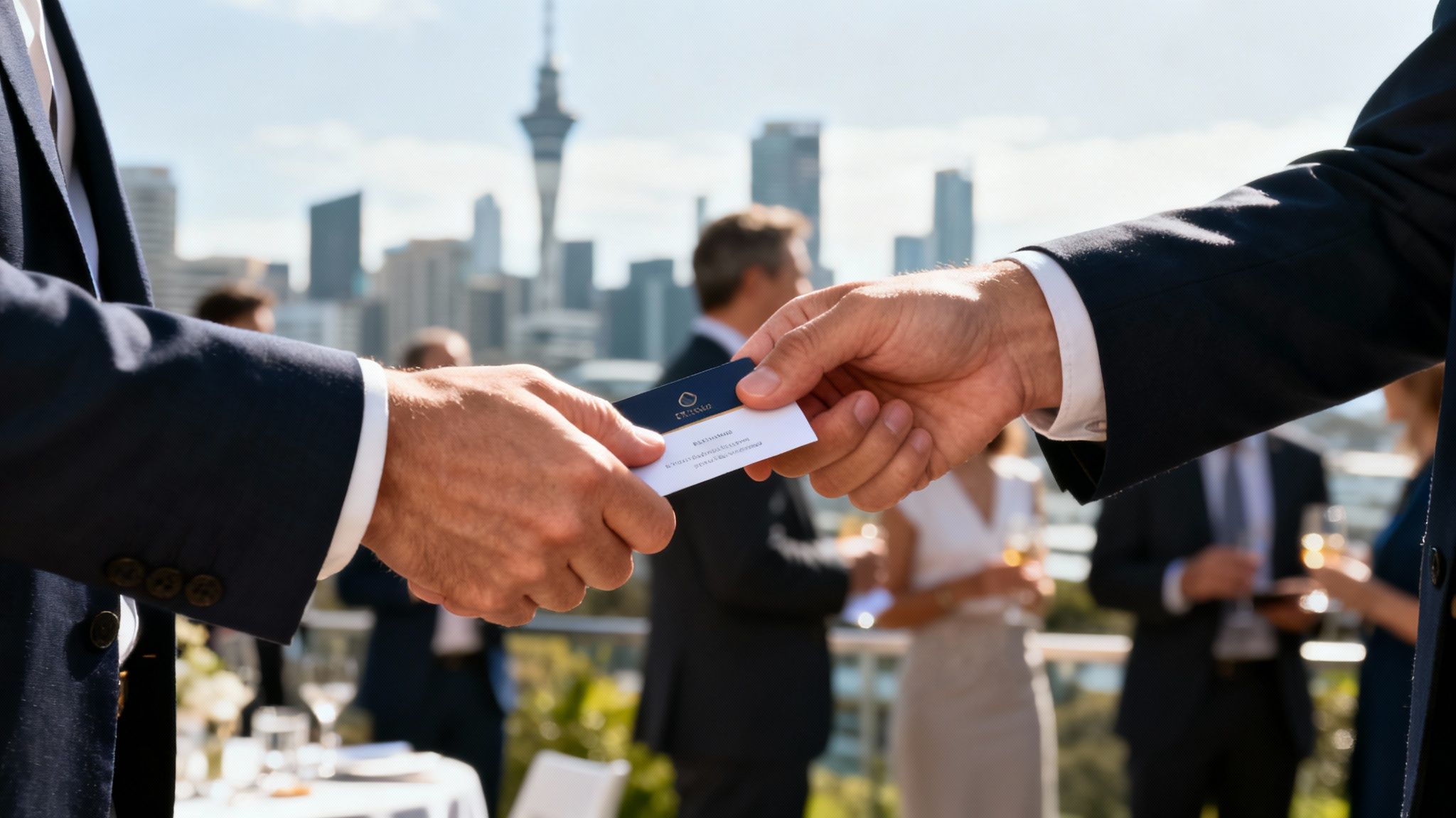 Business cards laid out on a wooden table, showcasing professional design