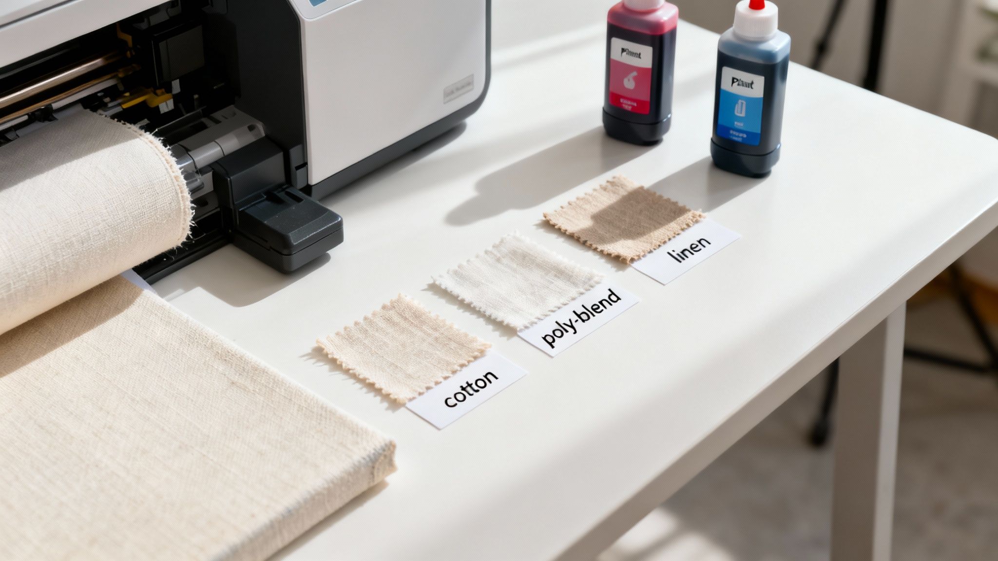 A large format printer loaded with a roll of canvas material, ready for printing.