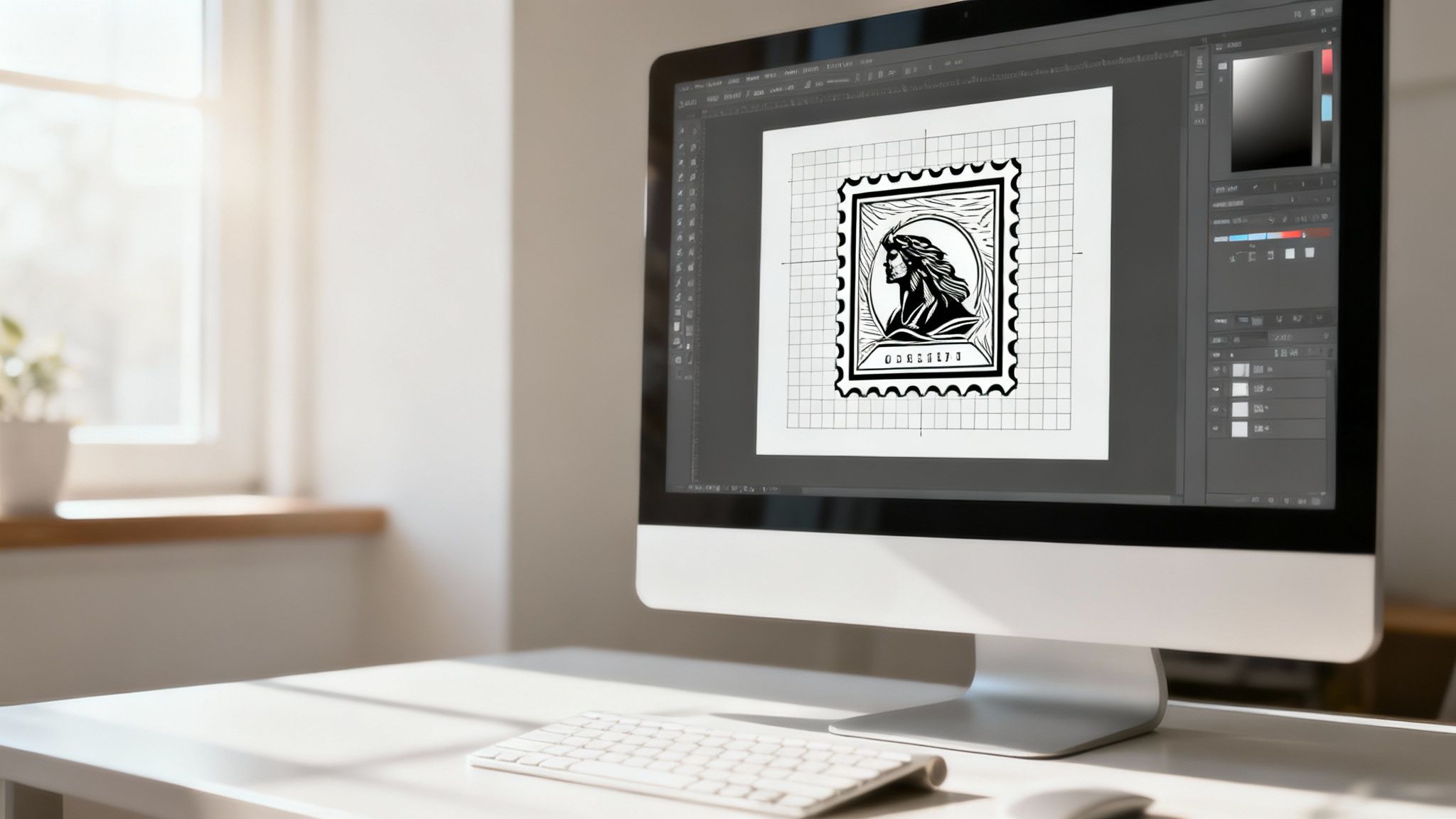 A designer on a computer screen creating a vector logo for a custom stamp.