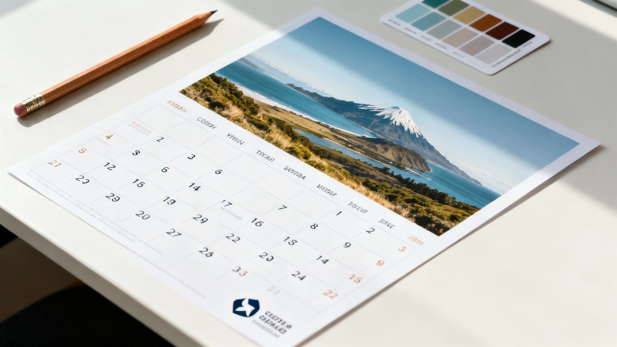 A beautifully designed custom desk calendar showing New Zealand landscapes