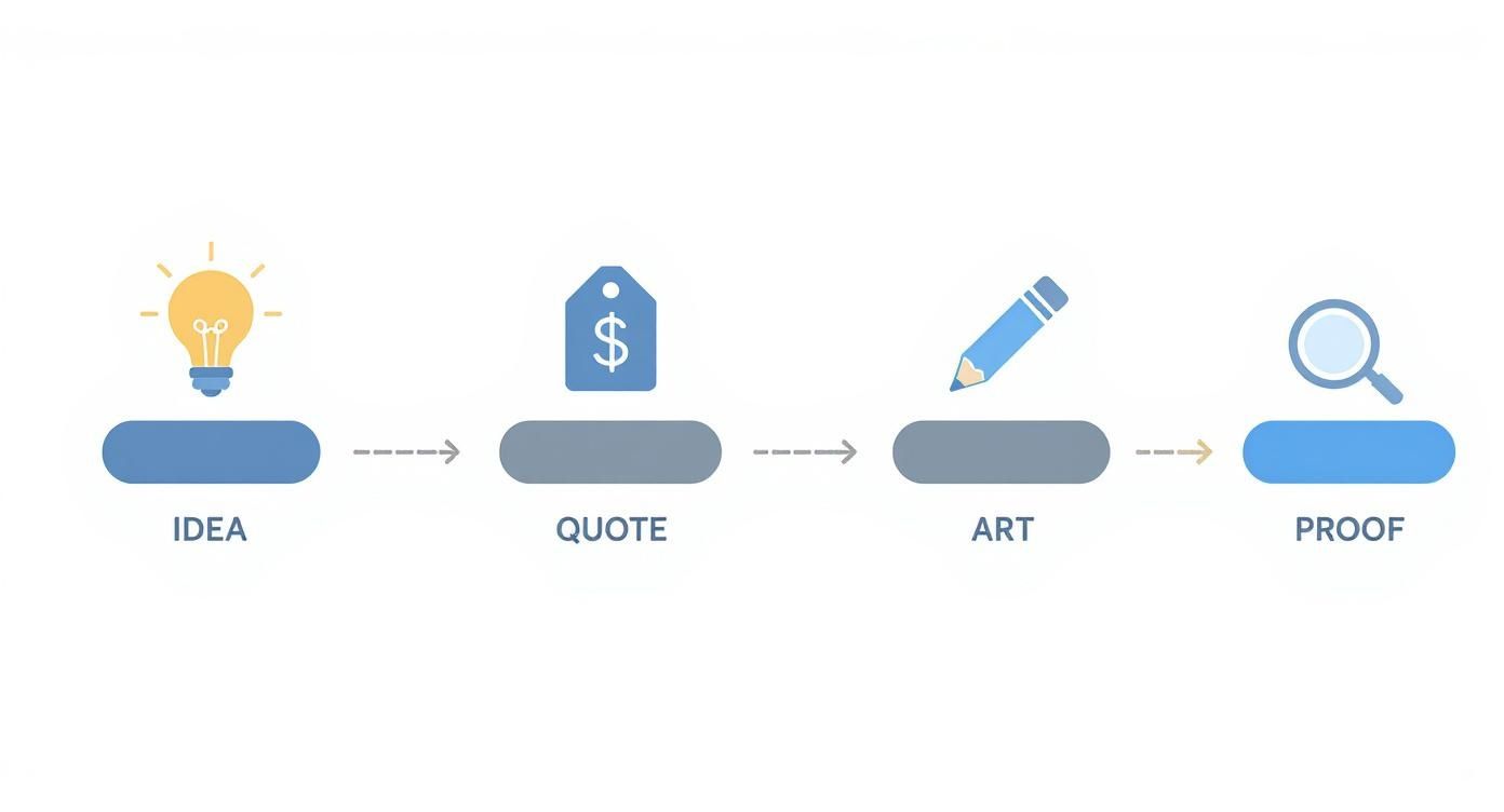 Infographic showing the process flow of ordering fridge magnets nz, with icons for Idea, Quote, Art, and Proof.