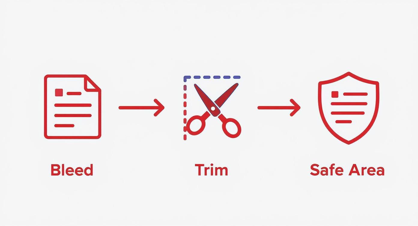Printing workflow diagram showing bleed, trim and safe area stages with document and scissors icons