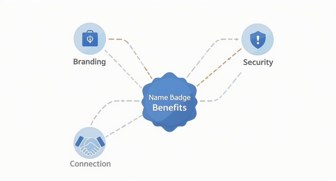 Diagram illustrating name badge benefits, including branding, security, and connection through visual icons.