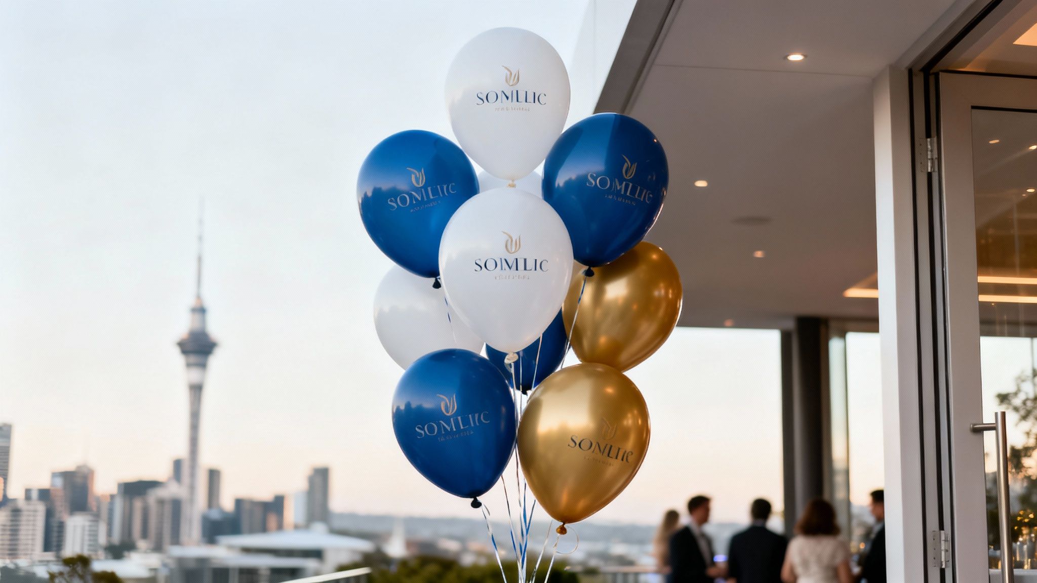 Branded blue, white, and gold helium balloons displayed against the iconic Auckland Sky Tower and cityscape.