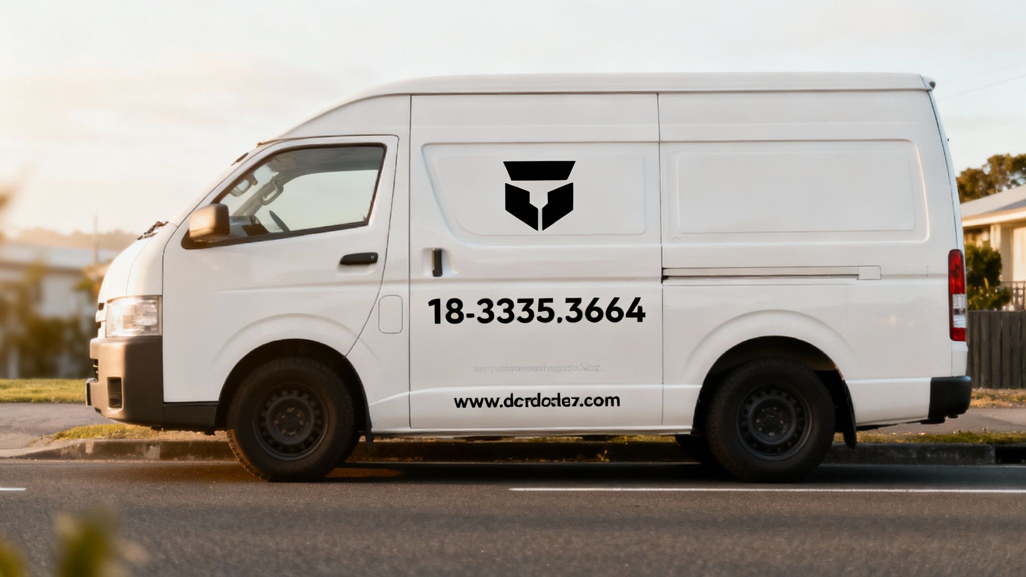A white car with a bold, colourful company logo sticker on its side.