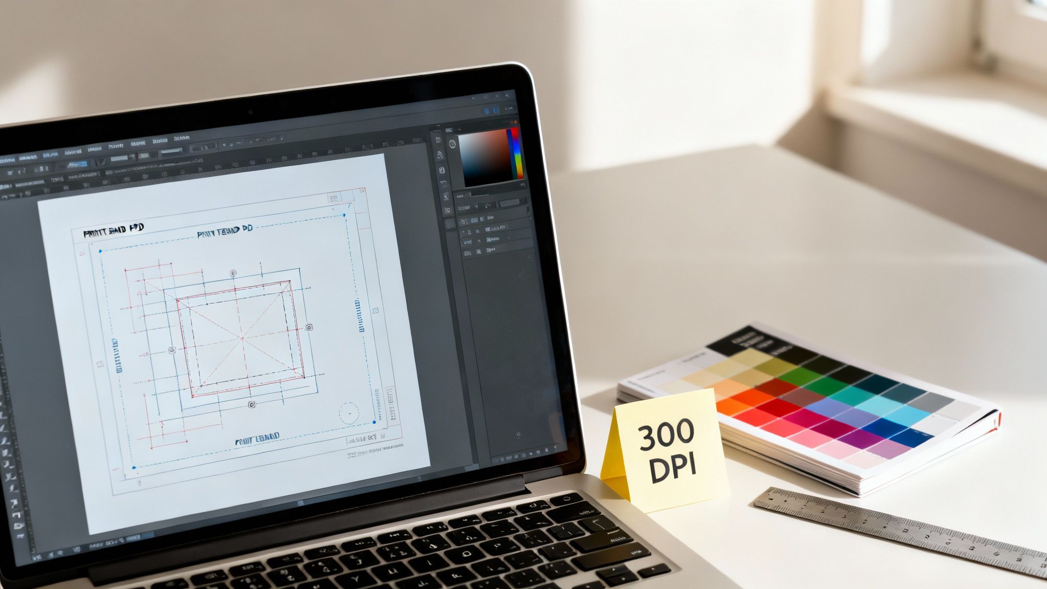 A laptop screen displays a blueprint design with color swatches and a '300 DPI' sticky note, indicating print preparation.