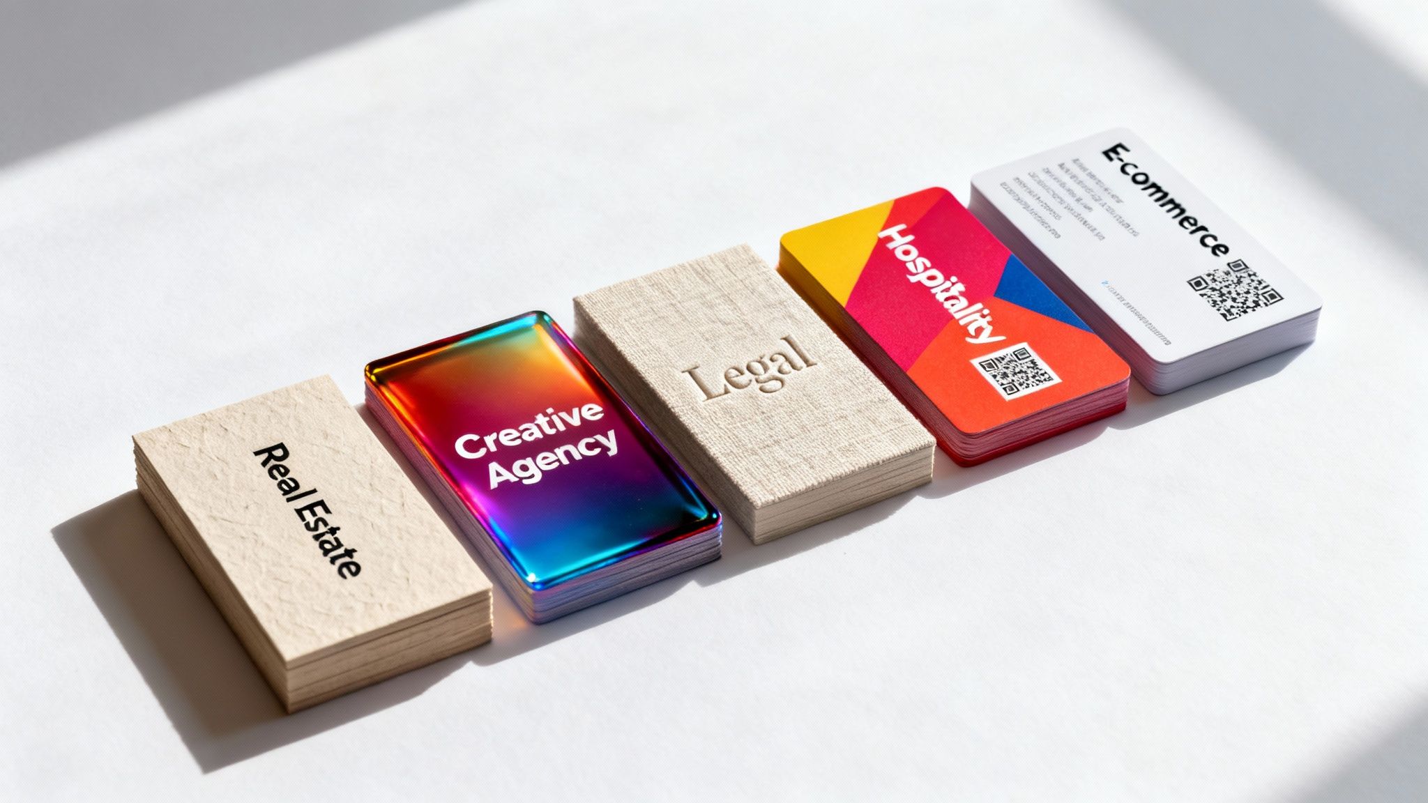 Colorful business card stacks representing various industries like real estate and e-commerce, neatly arranged.