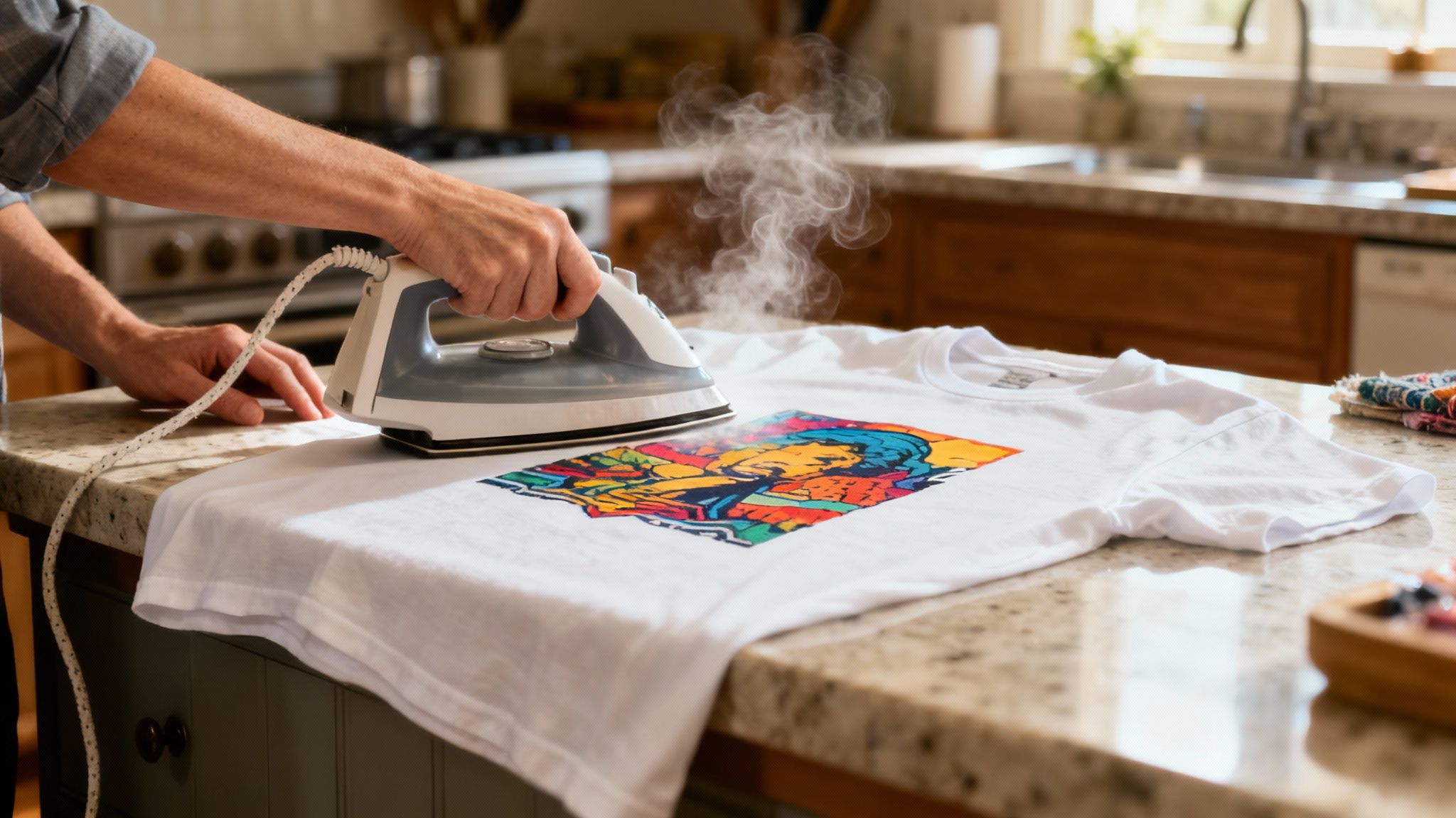 A person ironing a design onto a white t-shirt using iron on transfer paper.