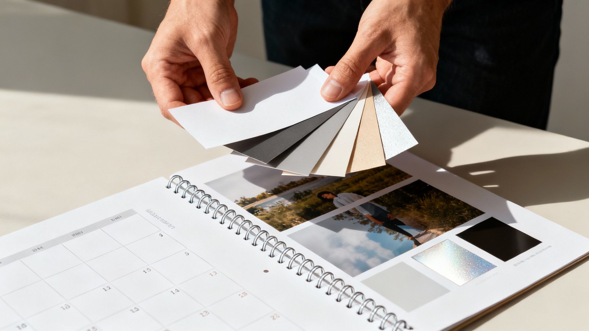 Hands holding a palette of paper color samples over a personalized spiral-bound photo calendar.