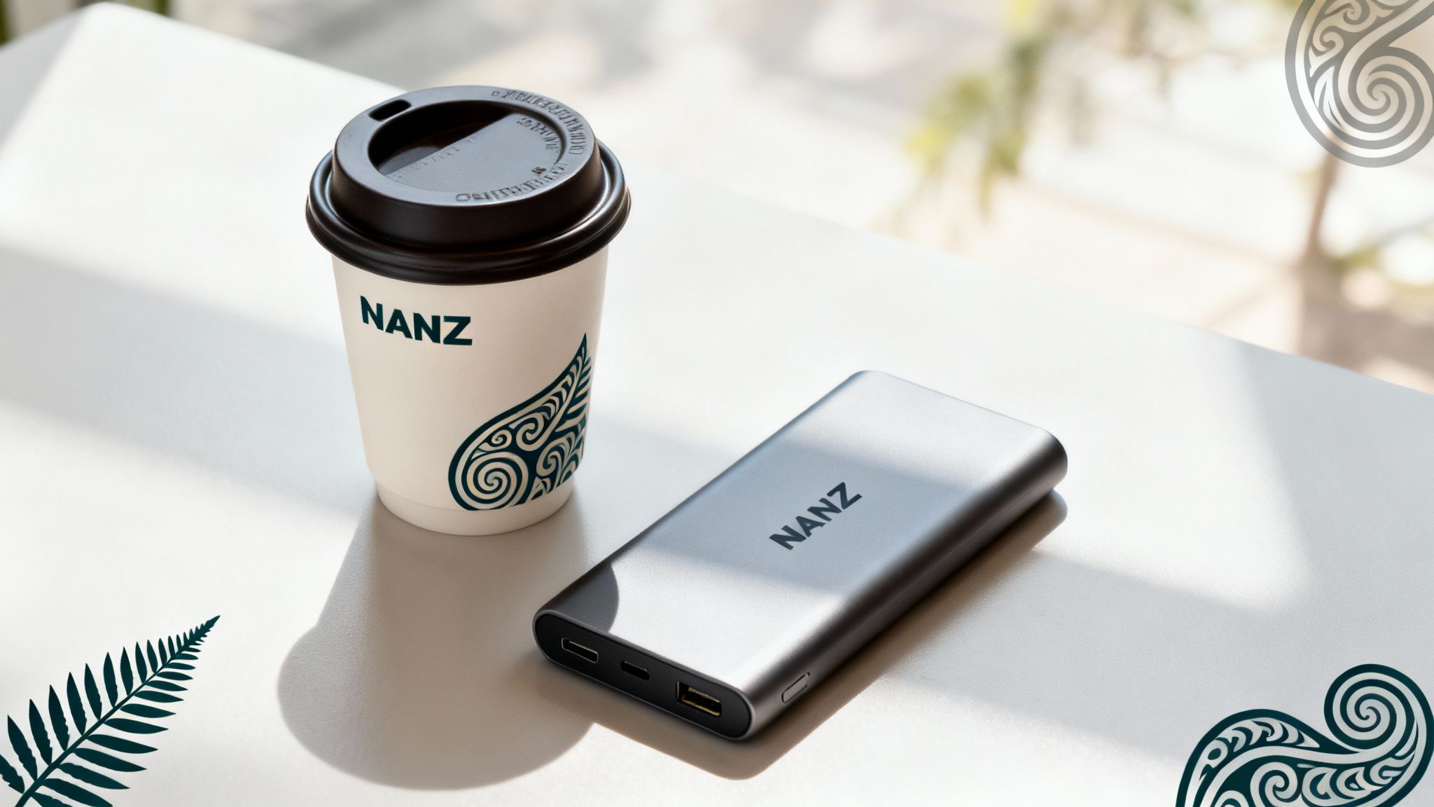 A collection of branded promotional products including a notebook, pen, and coffee mug, arranged on a modern desk.