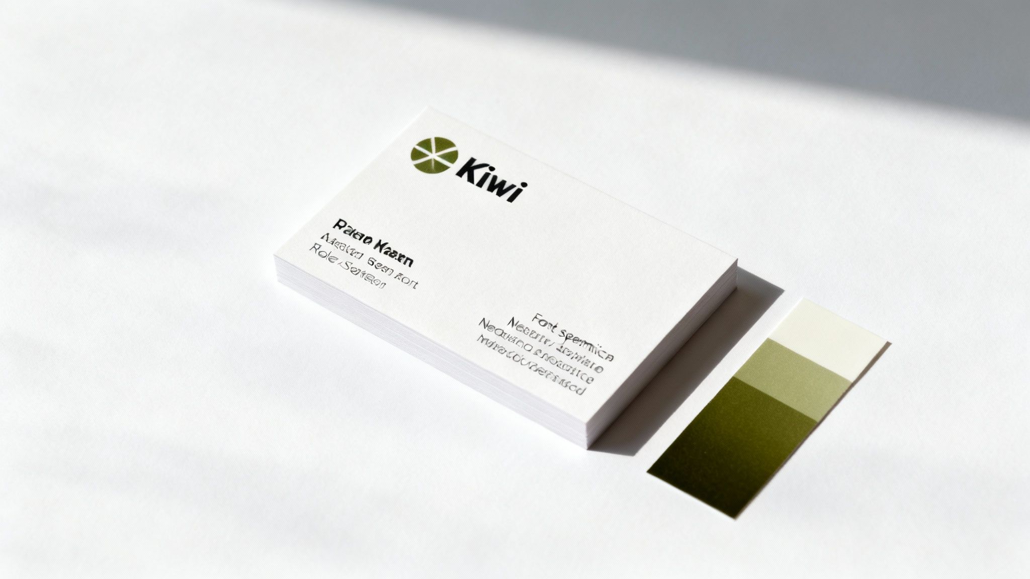 A designer working on a business card layout on a computer screen, with colour swatches and font samples nearby.