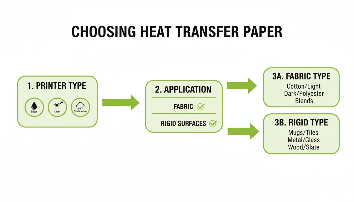 Flowchart guiding the selection of heat transfer paper based on printer type, application, and material.