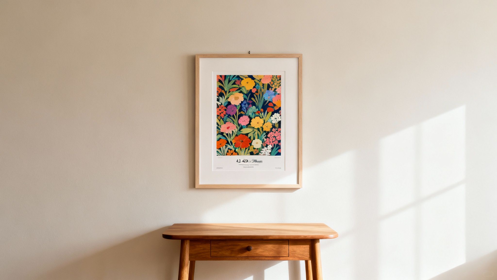 Colorful floral art print in wooden A2 frame hanging above console table