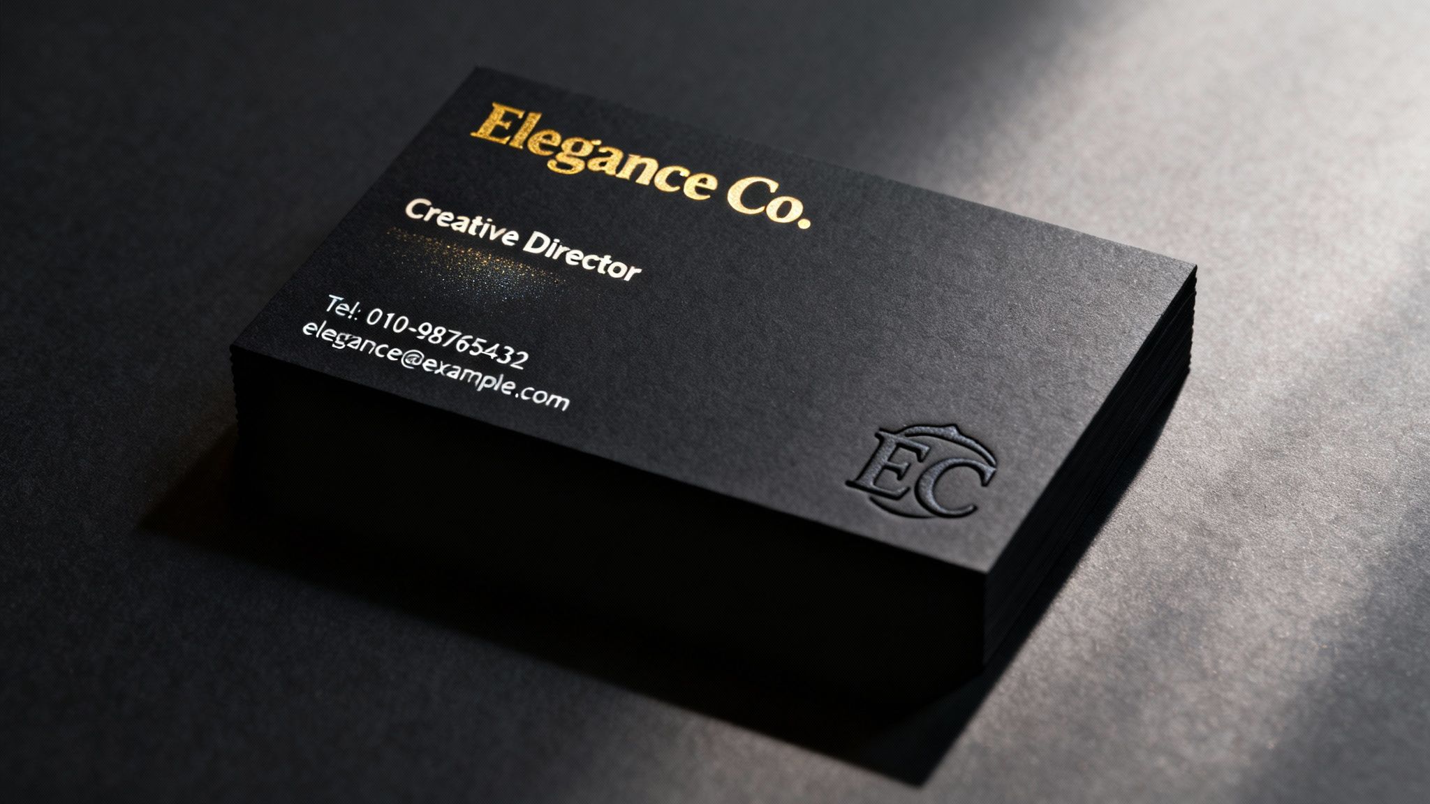 A close-up of a business card with gold foil and spot UV finishes
