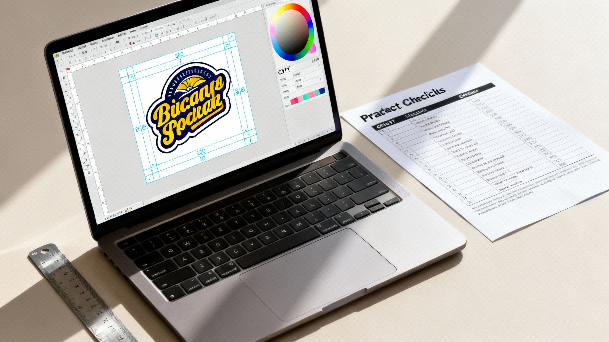 A laptop displaying a custom logo design in software, next to a checklist document and a ruler on a desk.